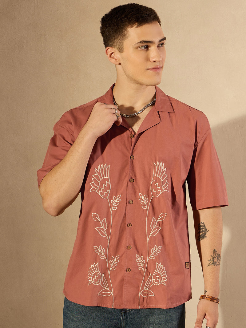 Brick Red: Half Sleeves Embroidery Shirt