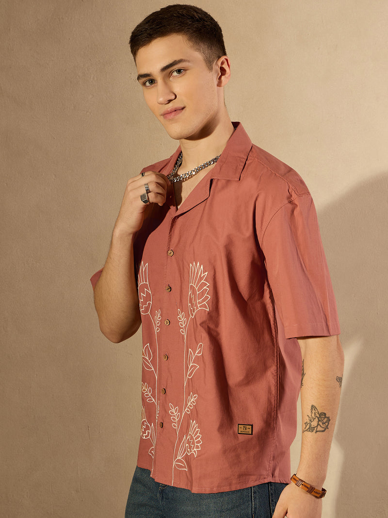 Brick Red: Half Sleeves Embroidery Shirt