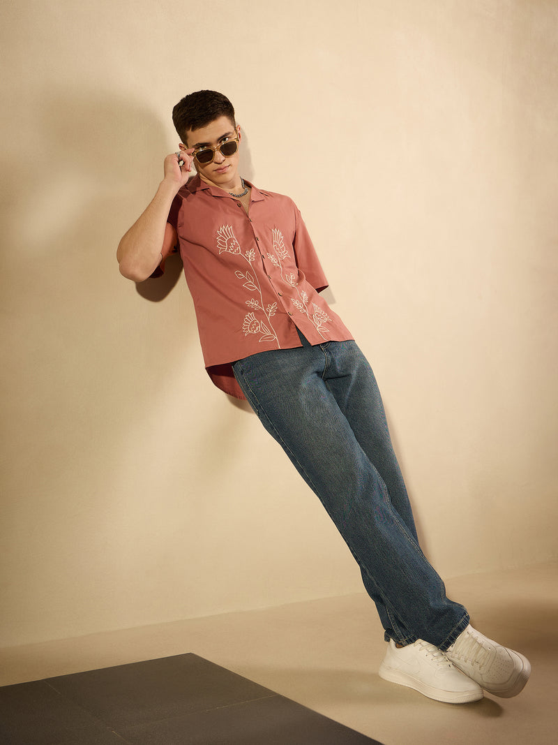 Brick Red: Half Sleeves Embroidery Shirt