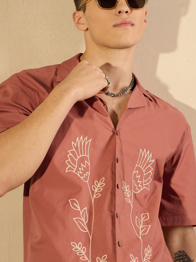 Brick Red: Half Sleeves Embroidery Shirt