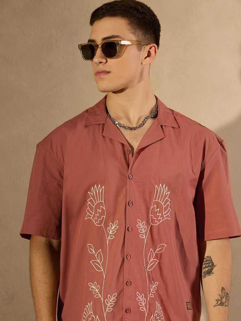Brick Red: Half Sleeves Embroidery Shirt