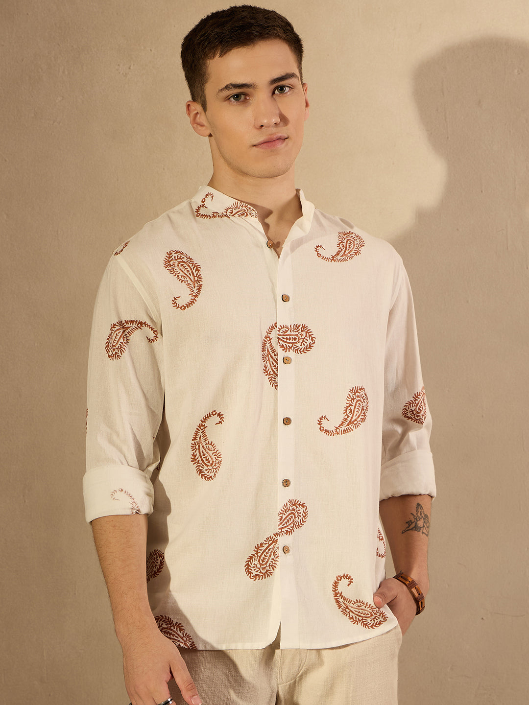 Off White Paisley Printed Embroidered Casual Shirt