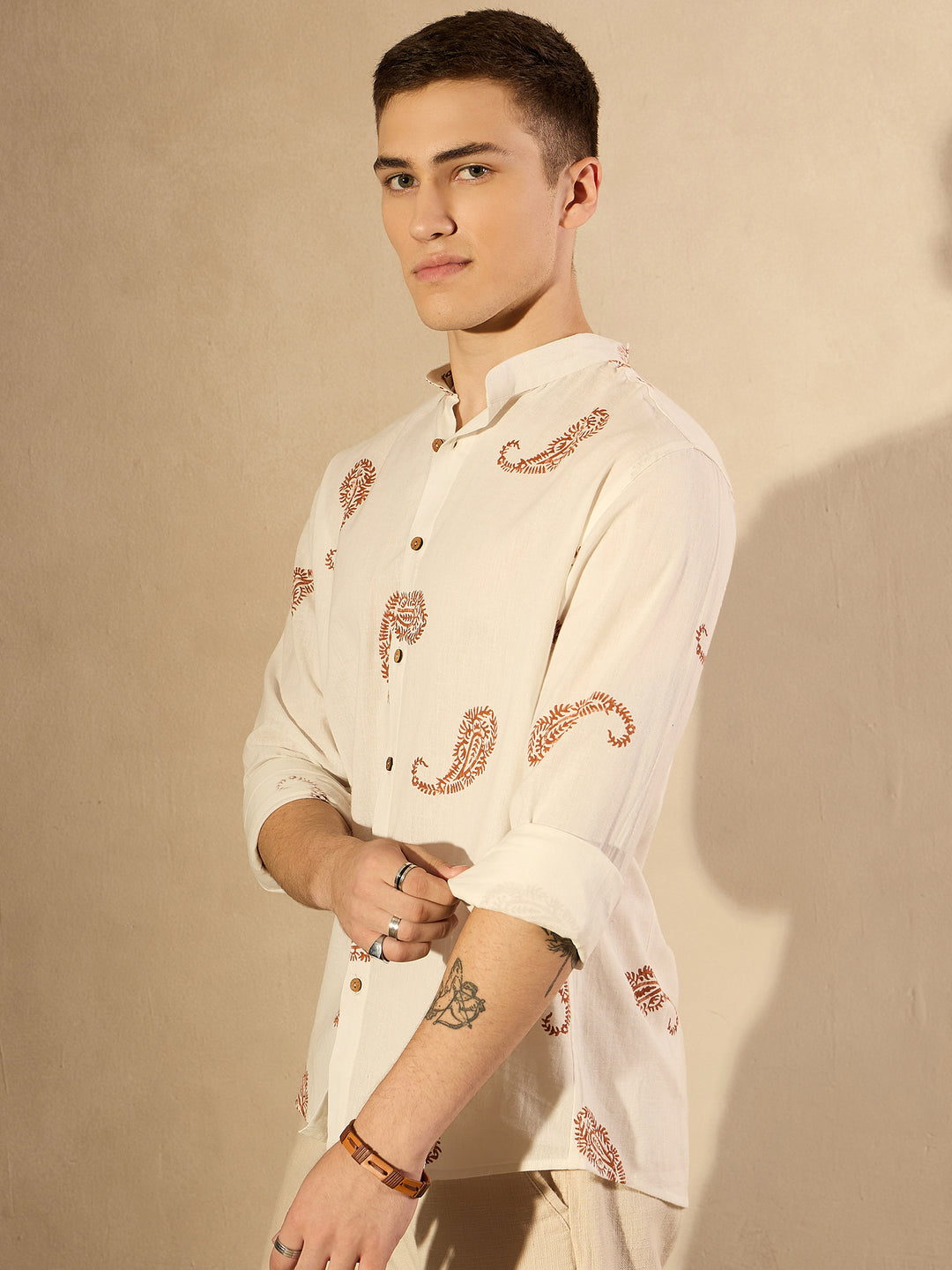 Off White Paisley Printed Embroidered Casual Shirt