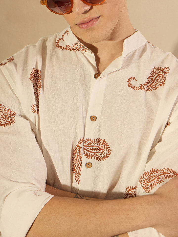 Off White Paisley Printed Embroidered Casual Shirt