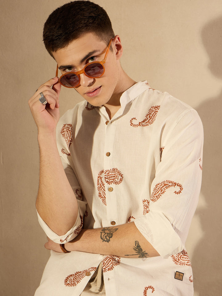 Off White Paisley Printed Embroidered Casual Shirt