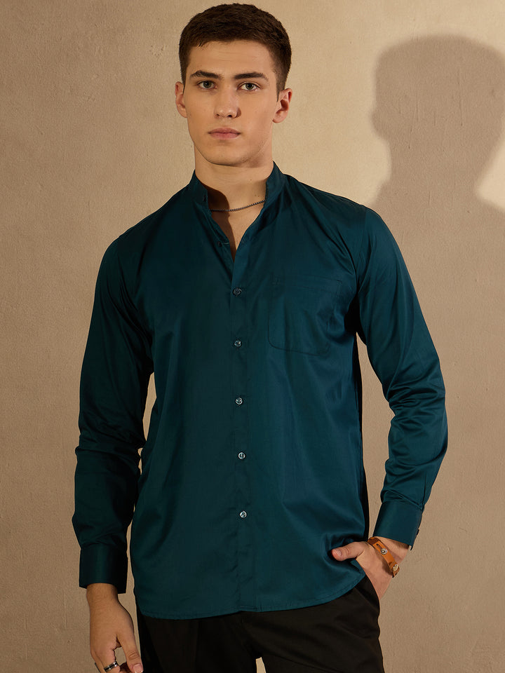 Teal Blue Mandarin Collar Casual Shirt