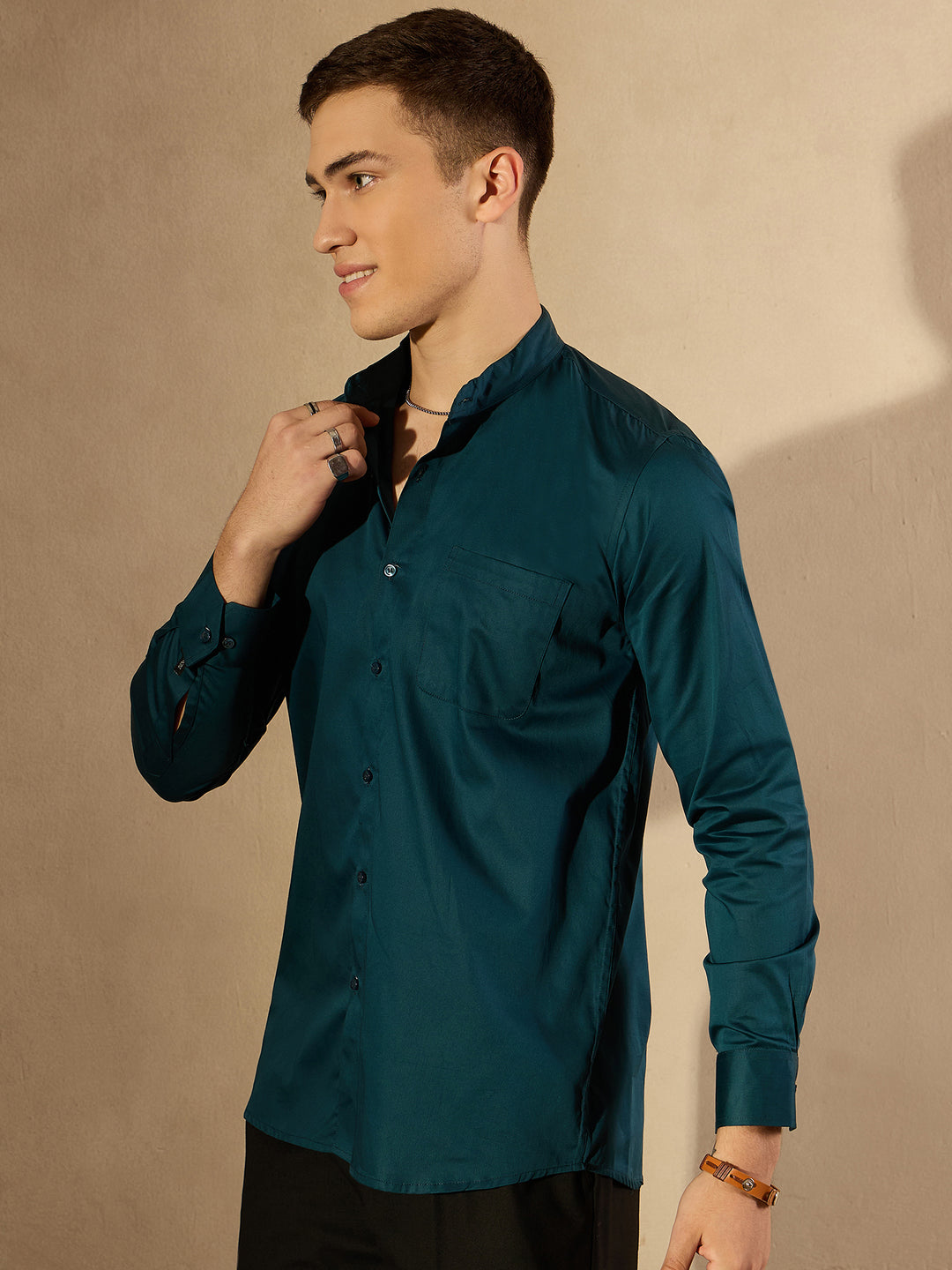 Teal Blue Mandarin Collar Casual Shirt