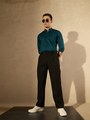 Men's Black Korean Baggy Fit Double Pleated Trouser