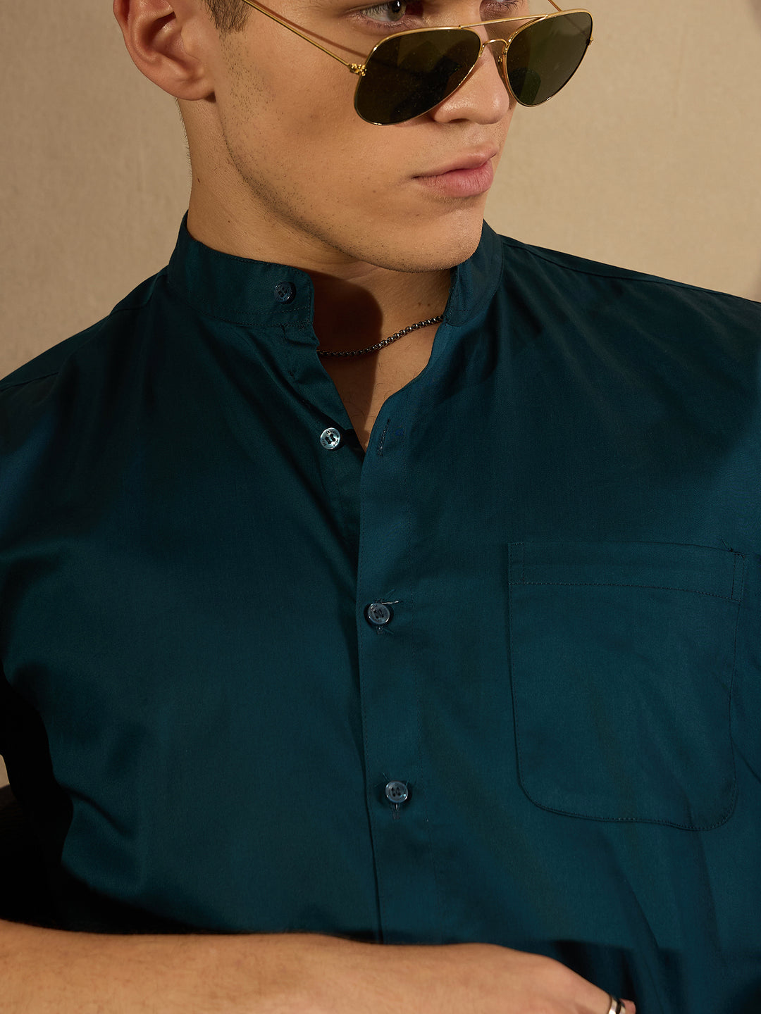 Teal Blue Mandarin Collar Casual Shirt