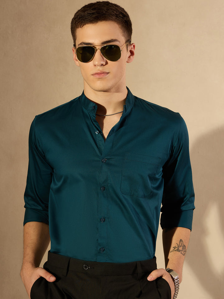 Teal Blue Mandarin Collar Casual Shirt