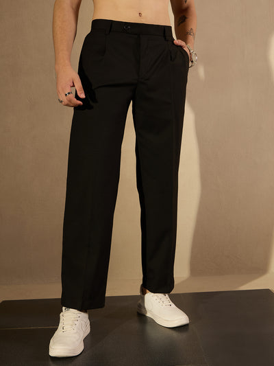 Men's Black Korean Baggy Fit Double Pleated Trouser