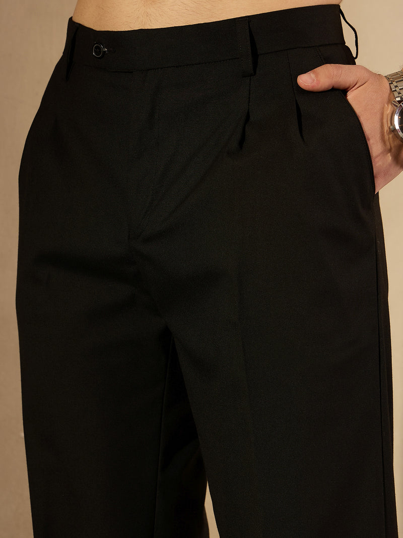 Men's Black Korean Baggy Fit Double Pleated Trouser
