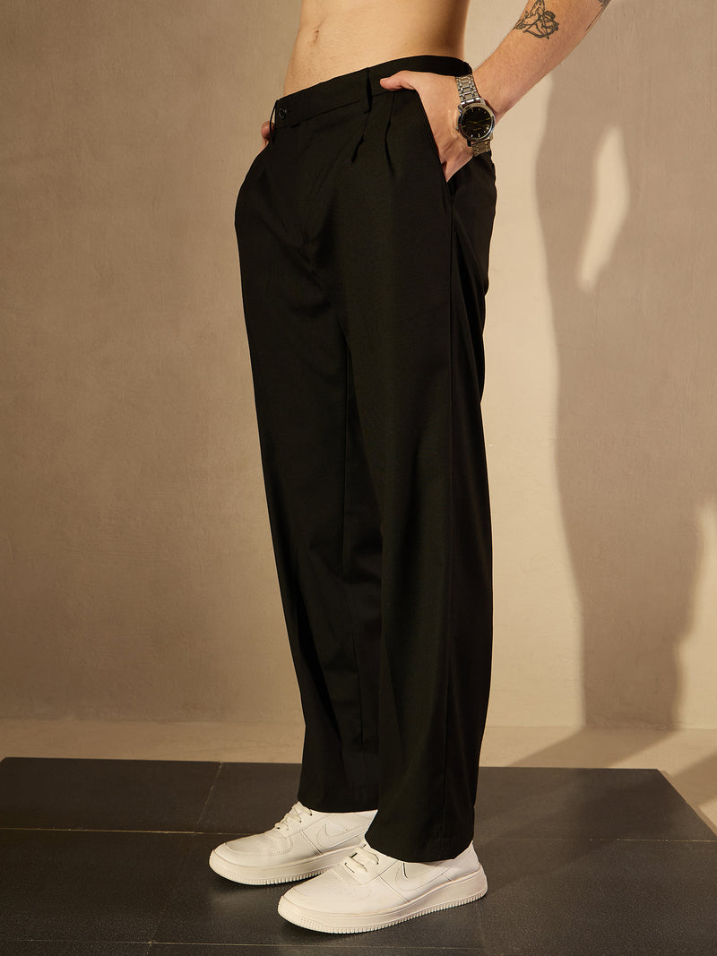 Men's Black Korean Baggy Fit Double Pleated Trouser