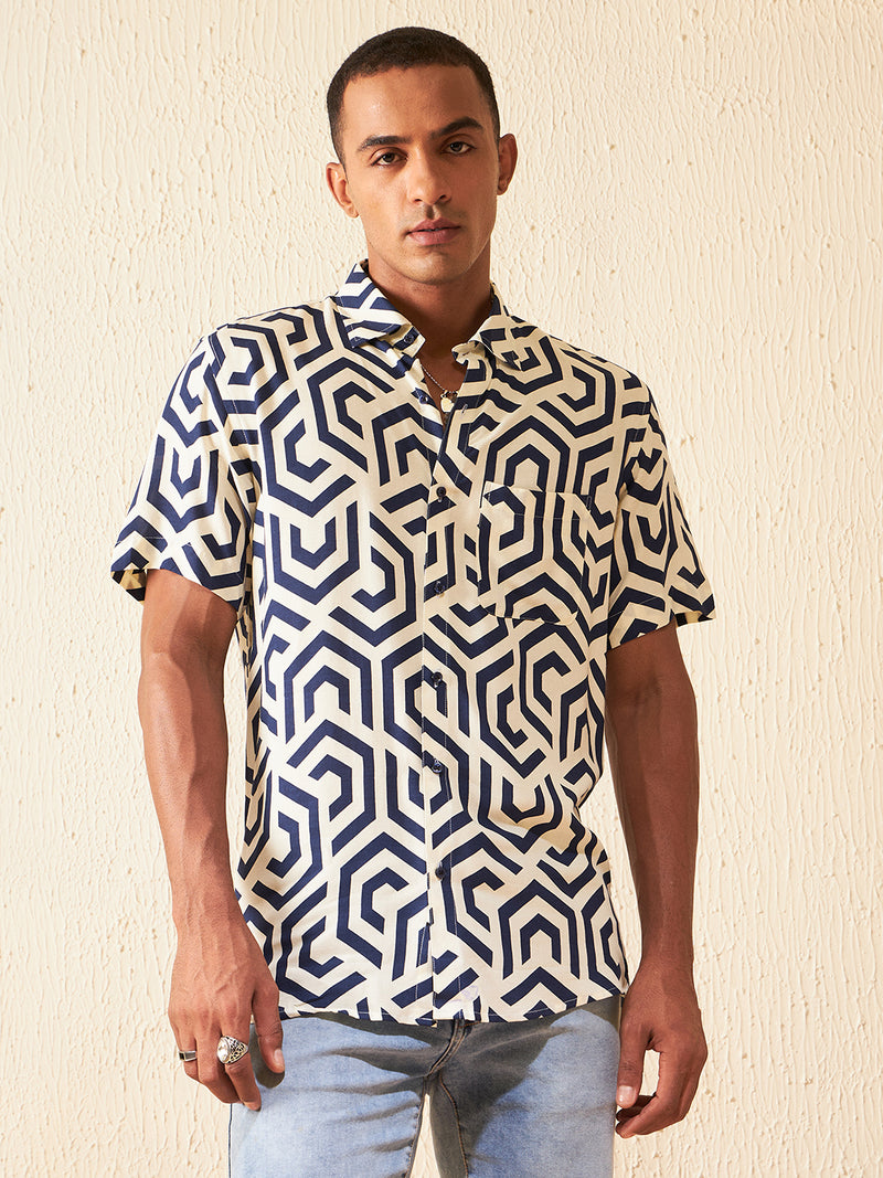 DENNISON Men Cream-coloured Block Printed Shirt