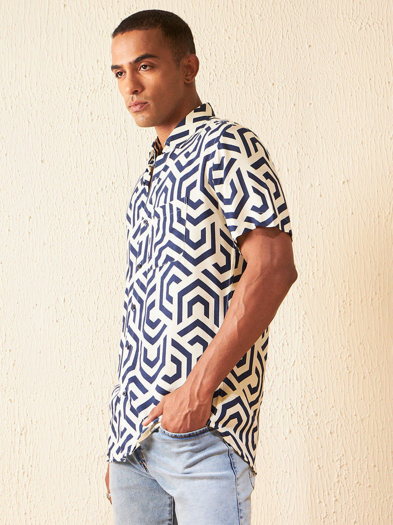 DENNISON Men Cream-coloured Block Printed Shirt