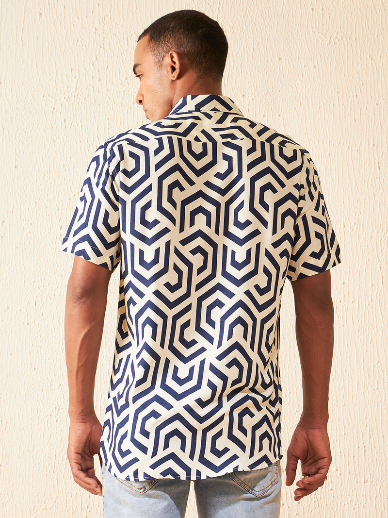 DENNISON Men Cream-coloured Block Printed Shirt