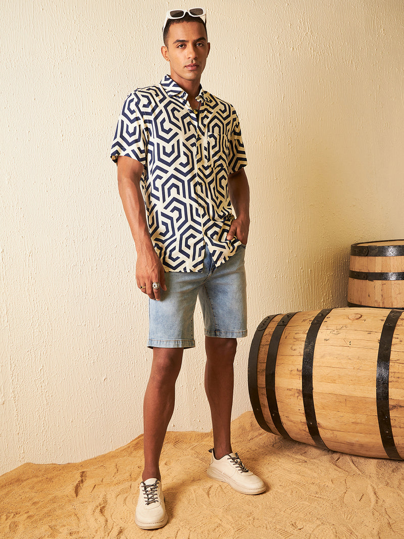 DENNISON Men Cream-coloured Block Printed Shirt