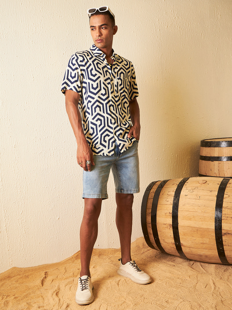 DENNISON Men Cream-coloured Block Printed Shirt