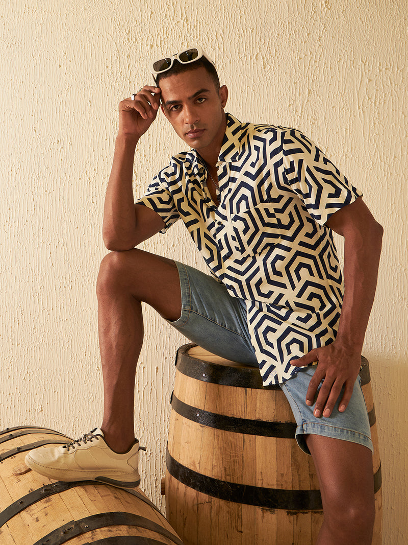 DENNISON Men Cream-coloured Block Printed Shirt