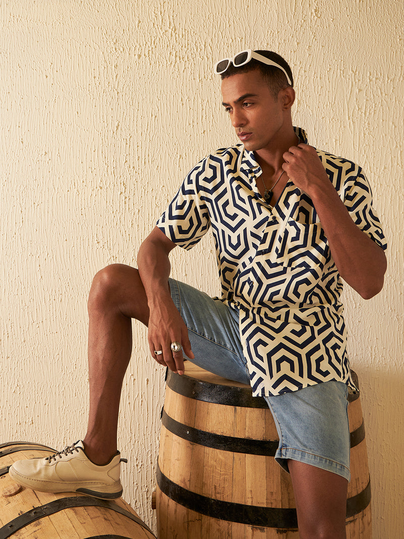 DENNISON Men Cream-coloured Block Printed Shirt