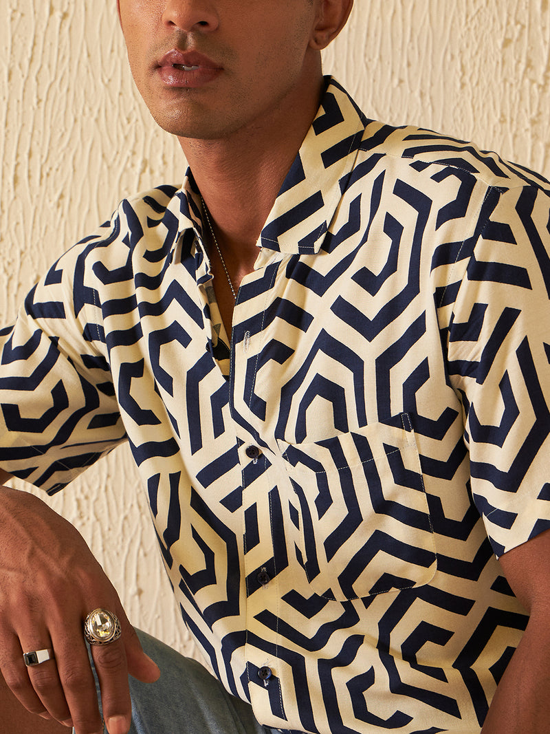 DENNISON Men Cream-coloured Block Printed Shirt