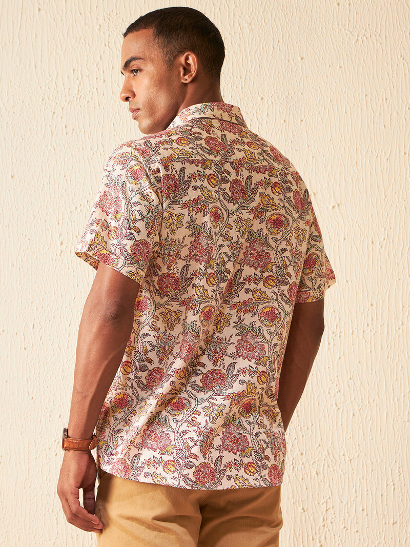 Peach: Half Sleeves Block Printed Shirt