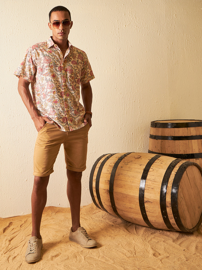 Peach: Half Sleeves Block Printed Shirt