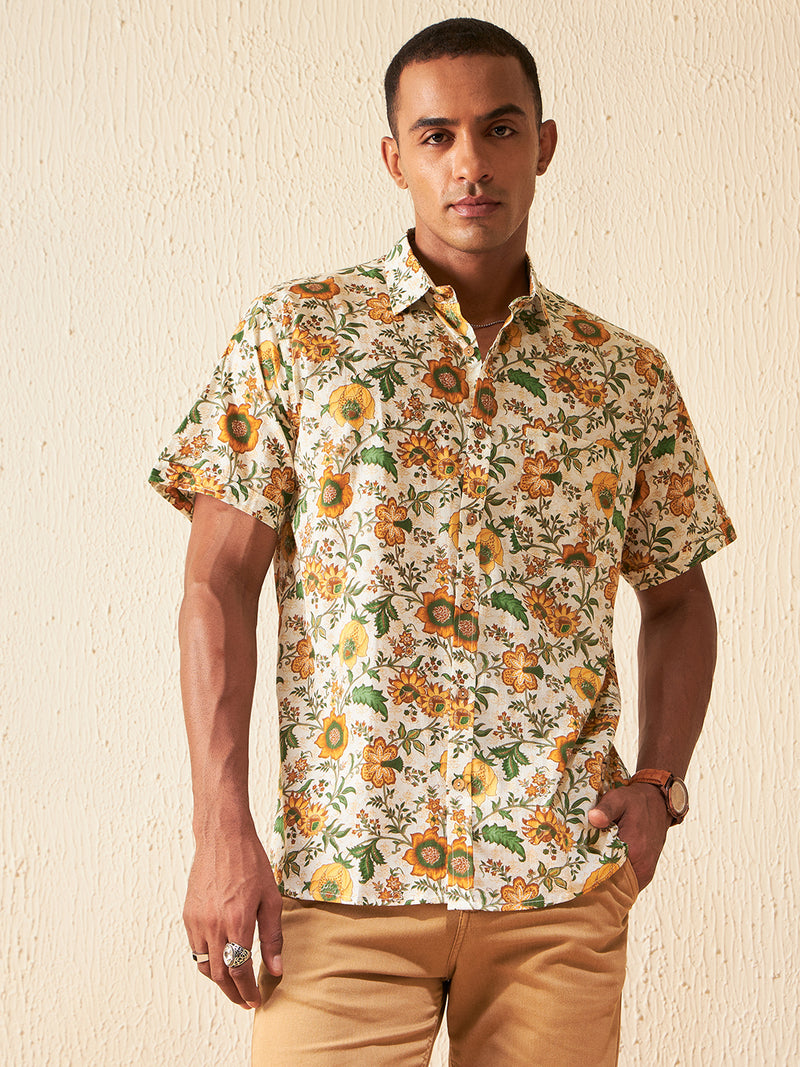 White: Half Sleeves Floral Block Printed Shirt