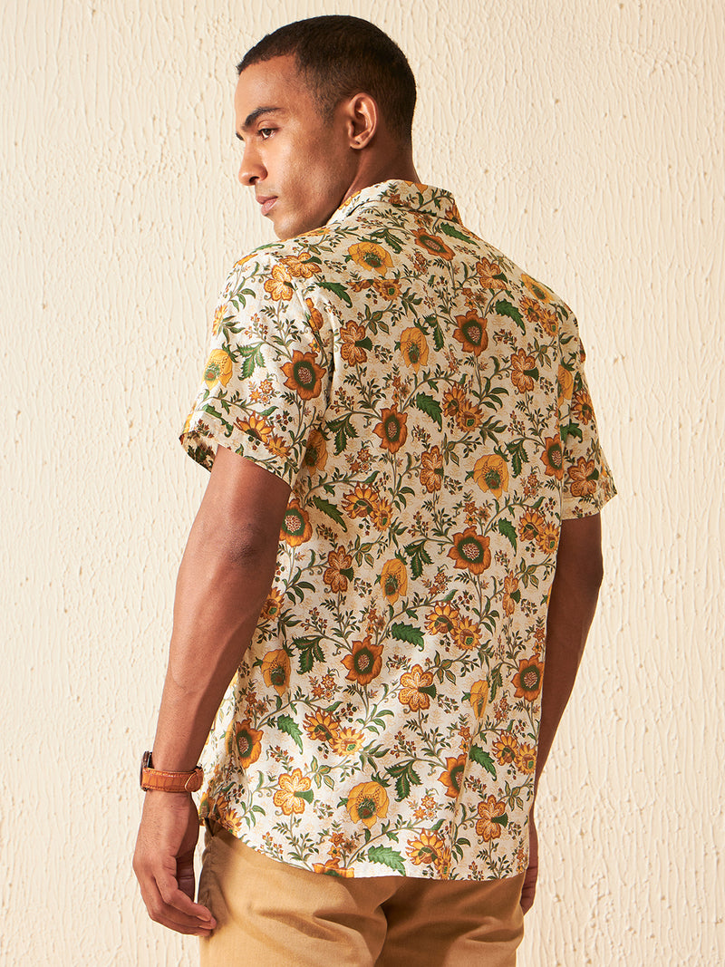 White: Half Sleeves Floral Block Printed Shirt