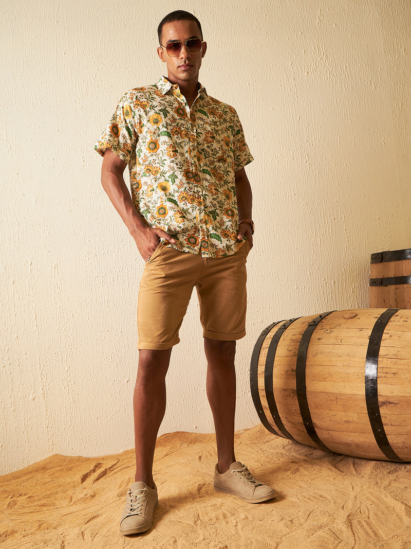 White: Half Sleeves Floral Block Printed Shirt