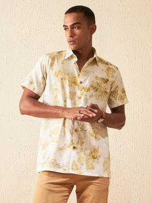Dennison men's pale yellow ECO printed hemp shirt front view