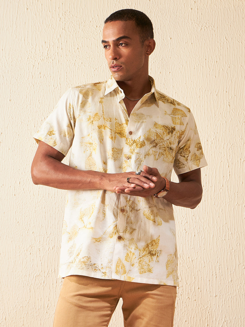 Pale Yellow: Half Sleeves ECO Printed Hemp Shirt