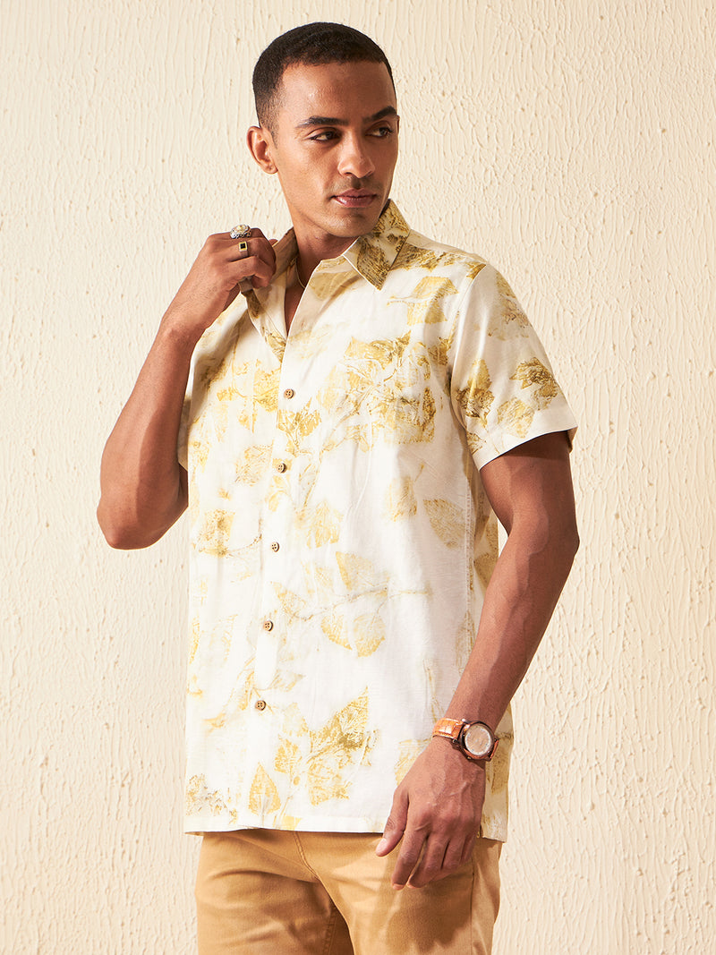 Pale Yellow: Half Sleeves ECO Printed Hemp Shirt