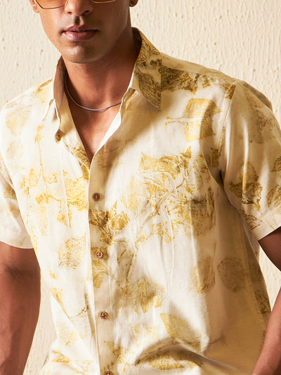 Pale Yellow: Half Sleeves ECO Printed Hemp Shirt
