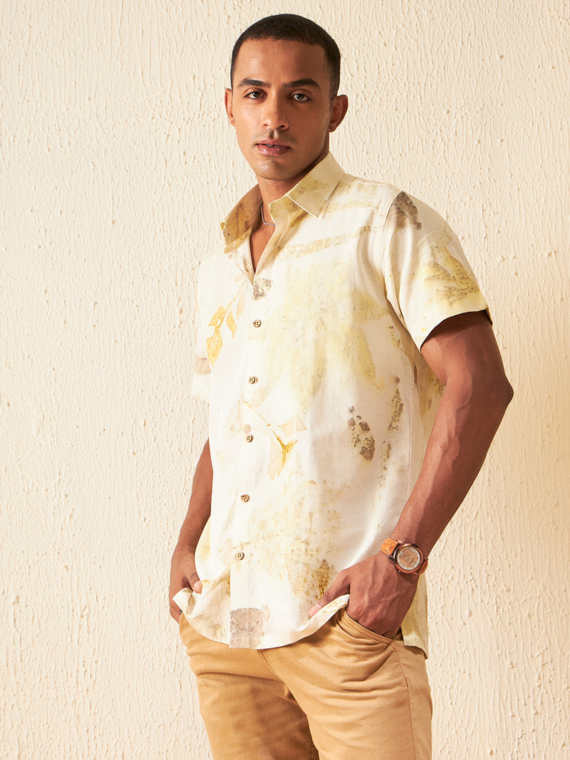 Cream: Half Sleeves ECO Printed Hemp Shirt
