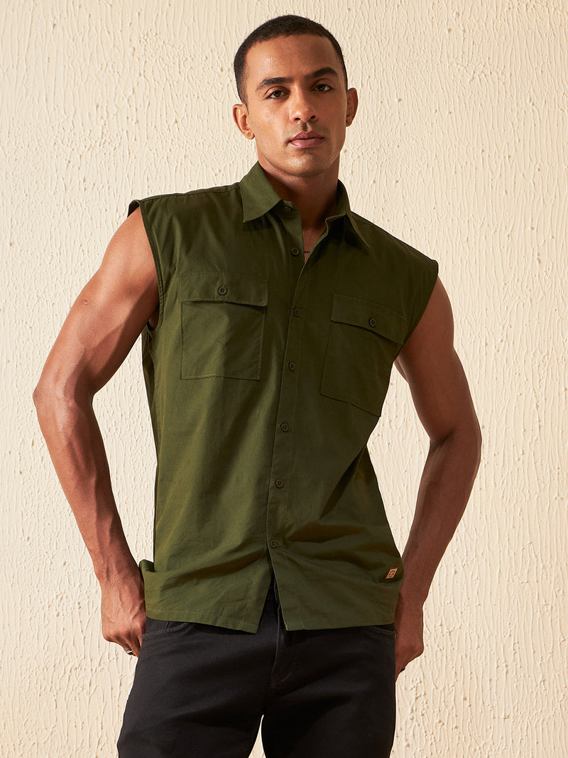 Green: Sleeveless Cotton Casual Shirt