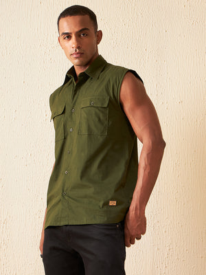 Green: Sleeveless Cotton Casual Shirt