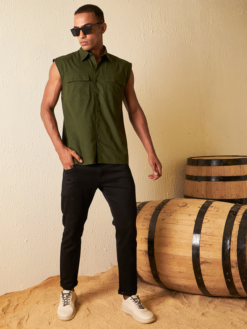 Green: Sleeveless Cotton Casual Shirt