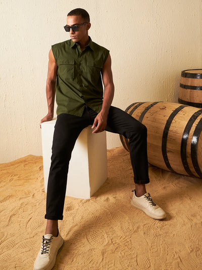 Green: Sleeveless Cotton Casual Shirt