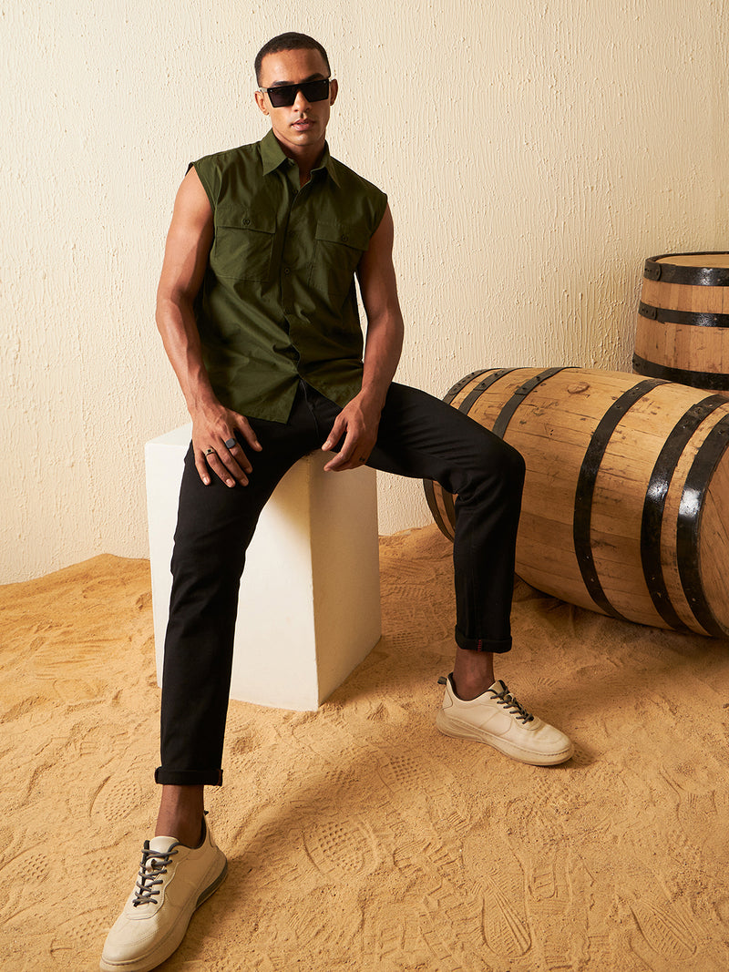 Green: Sleeveless Cotton Casual Shirt