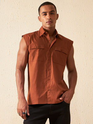 Brown: Sleeveless Cotton Casual Shirt