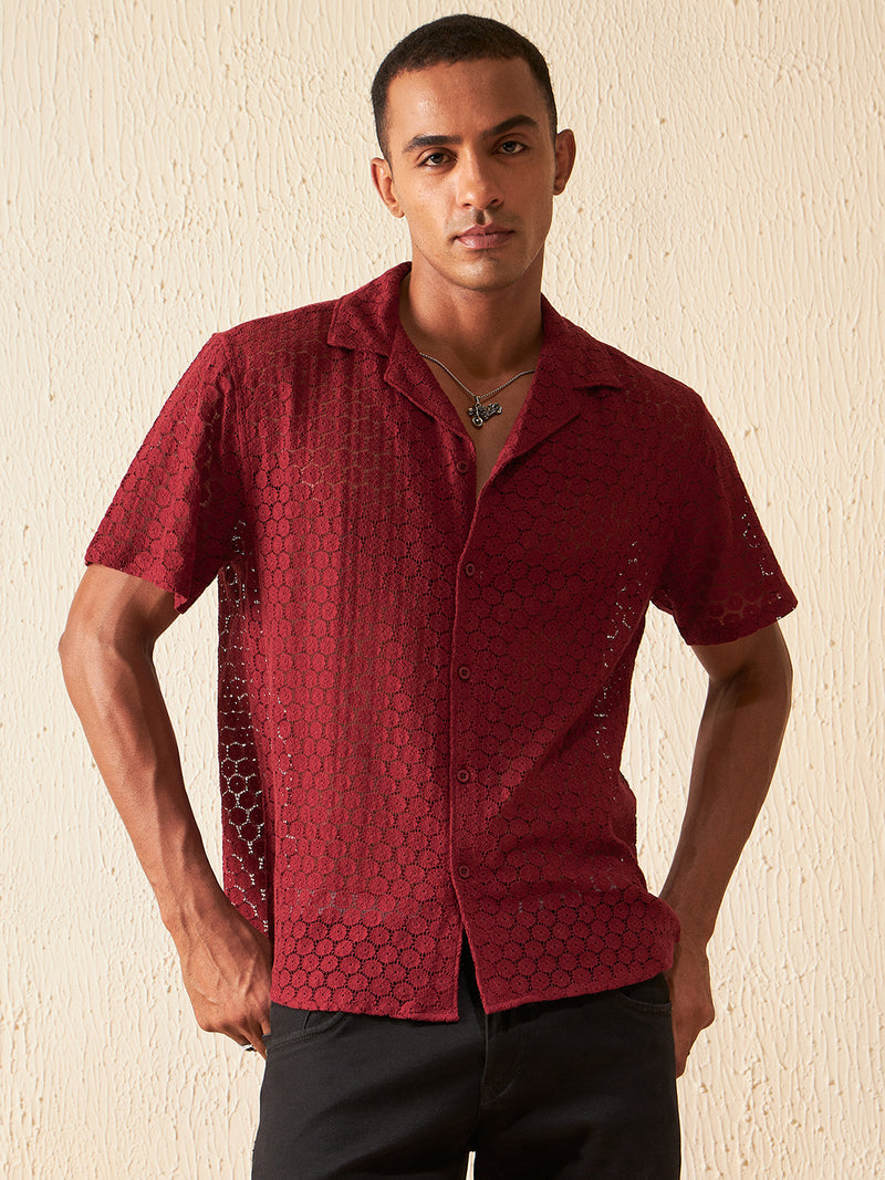 Maroon: Half Sleeves Semi Sheer Cotton Casual Shirt