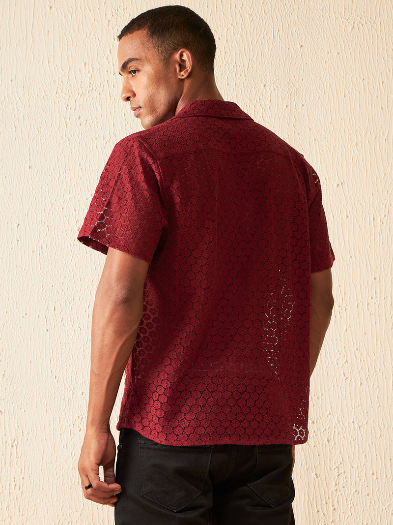 Maroon: Half Sleeves Semi Sheer Cotton Casual Shirt