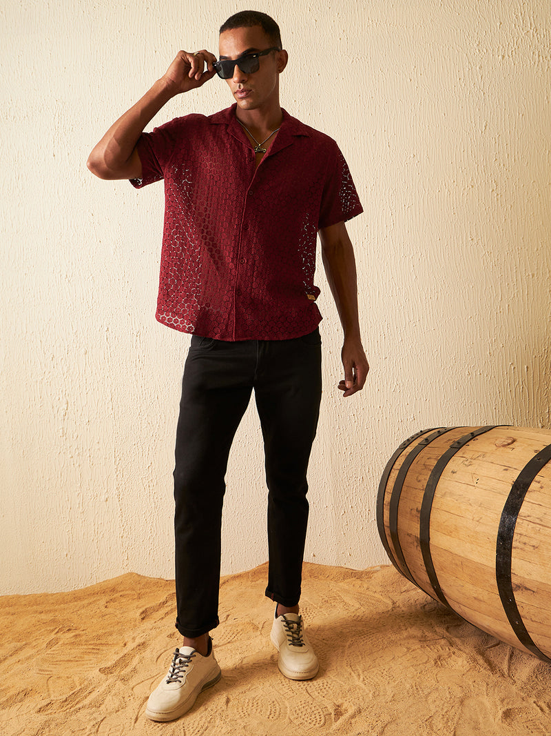 Maroon: Half Sleeves Semi Sheer Cotton Casual Shirt
