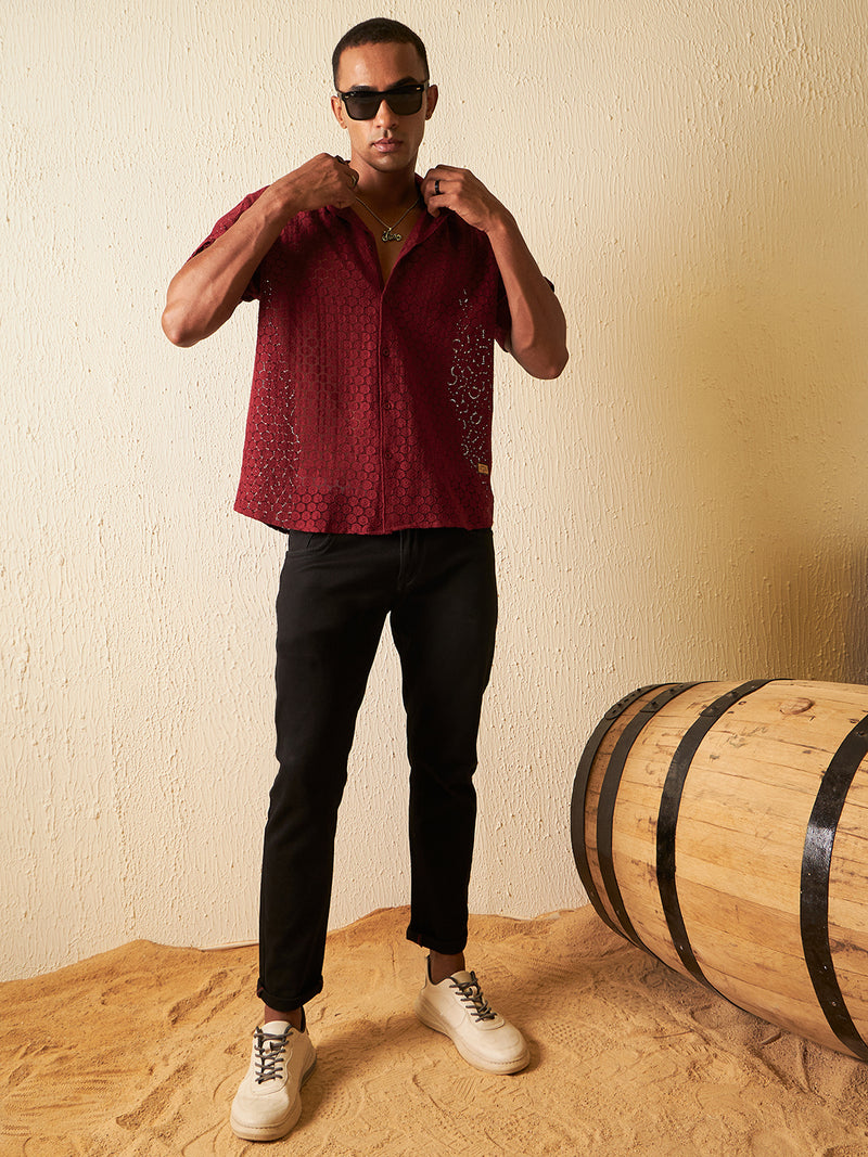 Maroon: Half Sleeves Semi Sheer Cotton Casual Shirt