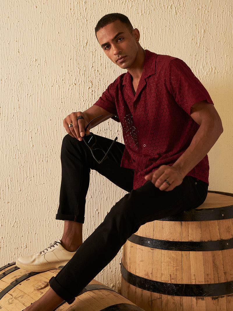 Maroon: Half Sleeves Semi Sheer Cotton Casual Shirt