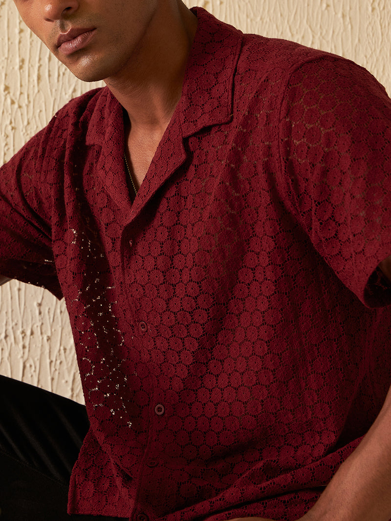 Maroon: Half Sleeves Semi Sheer Cotton Casual Shirt