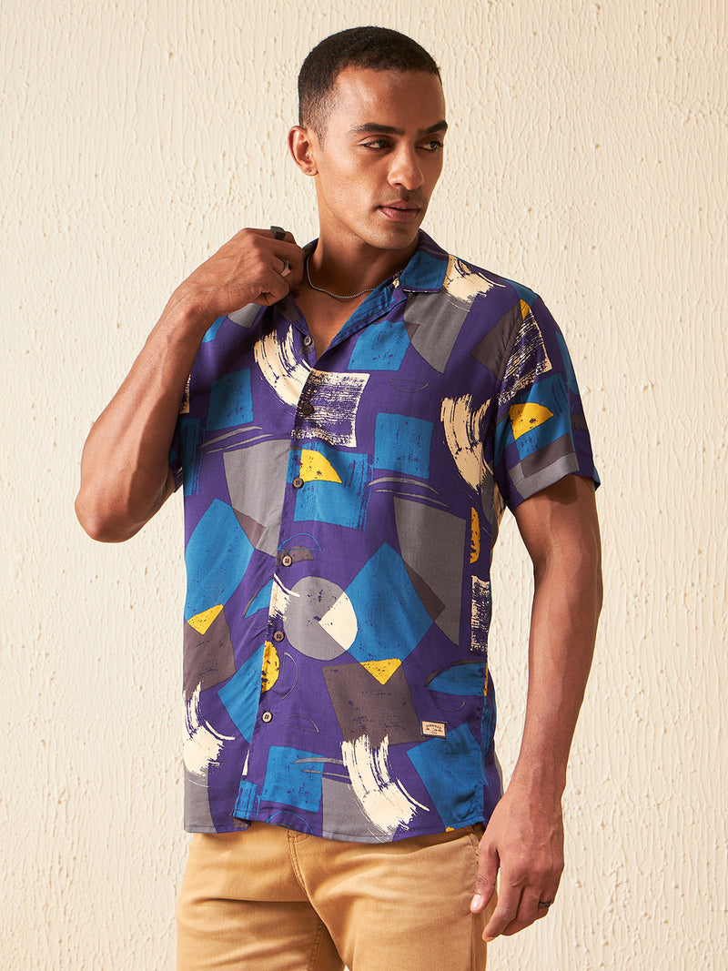 DENNISON Men Smart Abstract Printed Cuban Collar Casual Shirt