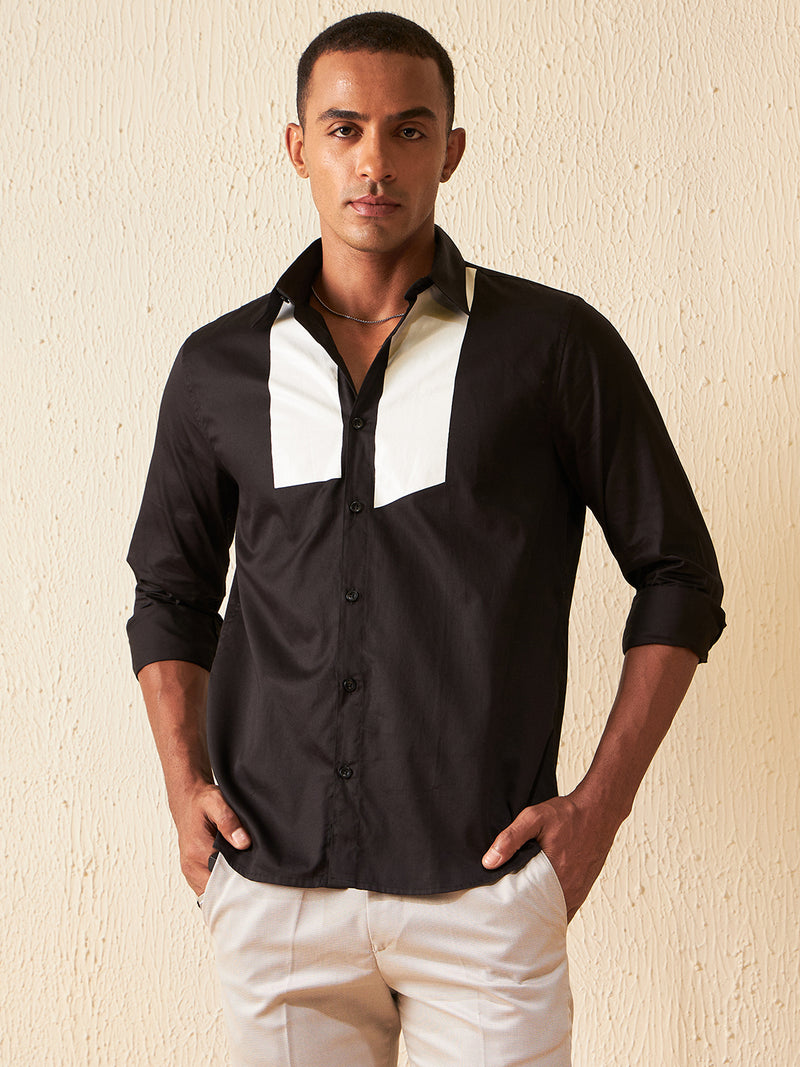 Black: Full Sleeves Colourblocked Slim Fit Shirt
