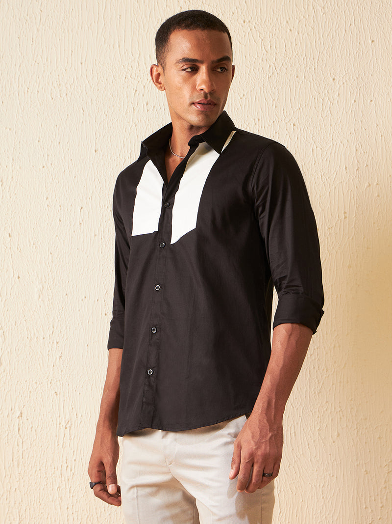 Black: Full Sleeves Colourblocked Slim Fit Shirt